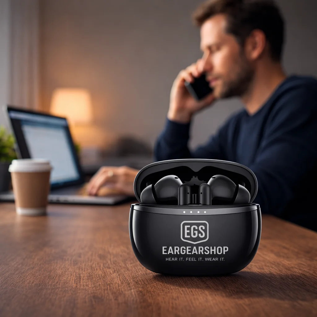 Zwarte EGS Eargearshop draadloze oordopjes in open oplaadcase op een houten bureau met laptop en werkende man op de achtergrond. 🎧💻