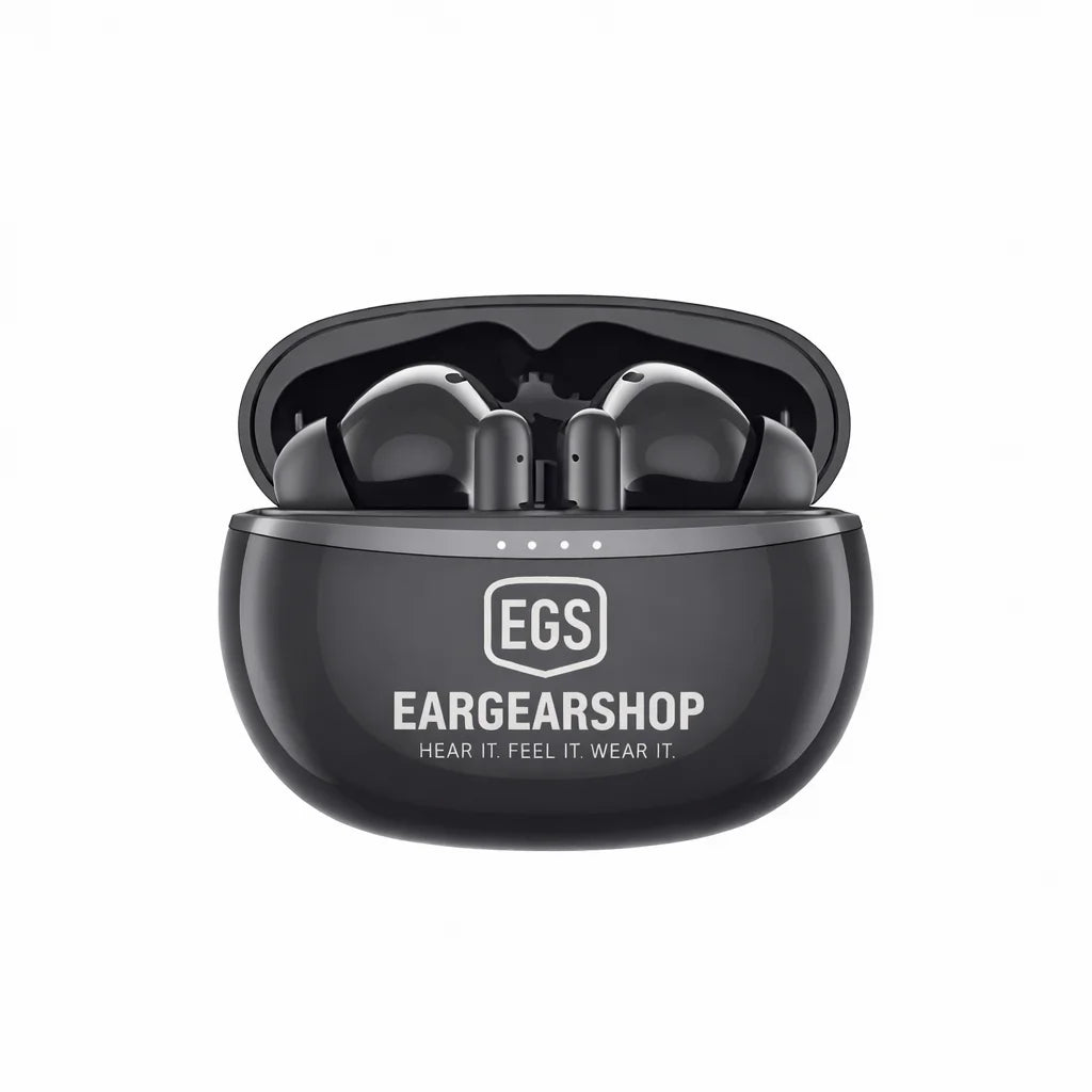 Zwarte EGS Eargearshop oplaadcase voor draadloze oordopjes met logo