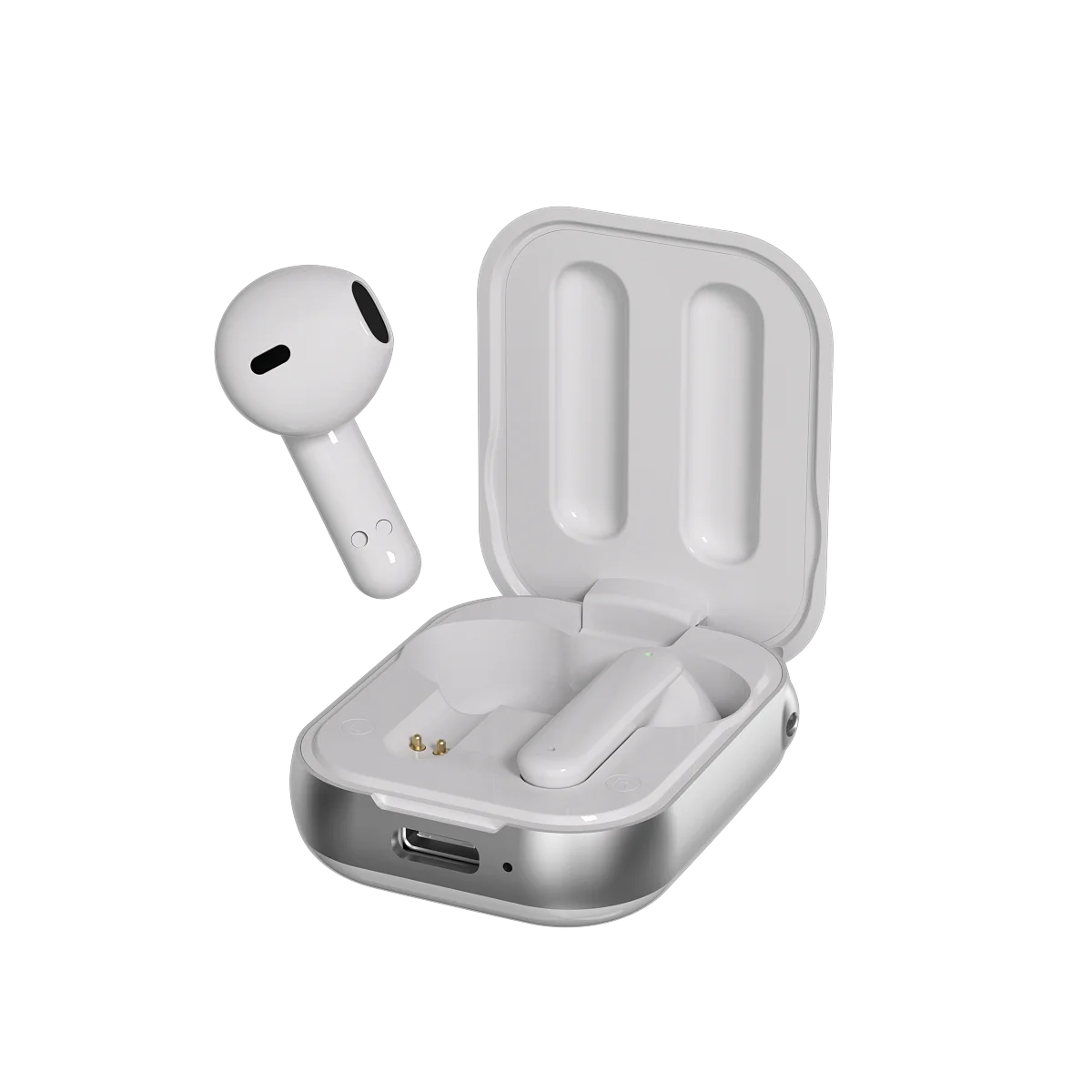 EGS KW13 draadloze Bluetooth oordopjes met open oplaadcase op witte achtergrond.