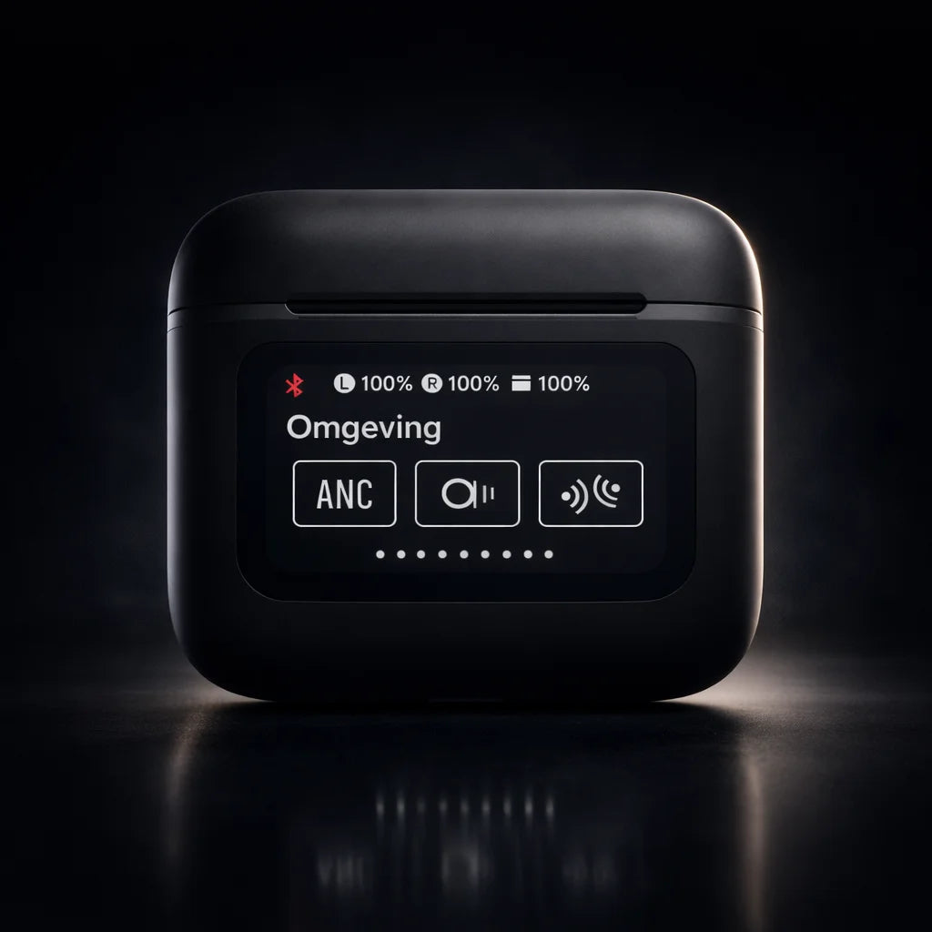 EGS V8 open-ear Bluetooth oordopjes met ANC en ENC ruisonderdrukking zichtbaar op de oplaadcase.