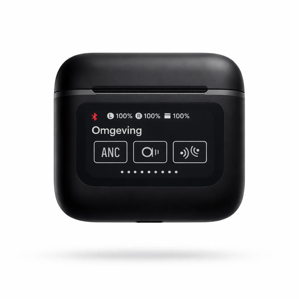 EGS V8 open-ear draadloze oordopjes met slimme led touchscreen oplaadcase en ANC geluidsinstellingen.